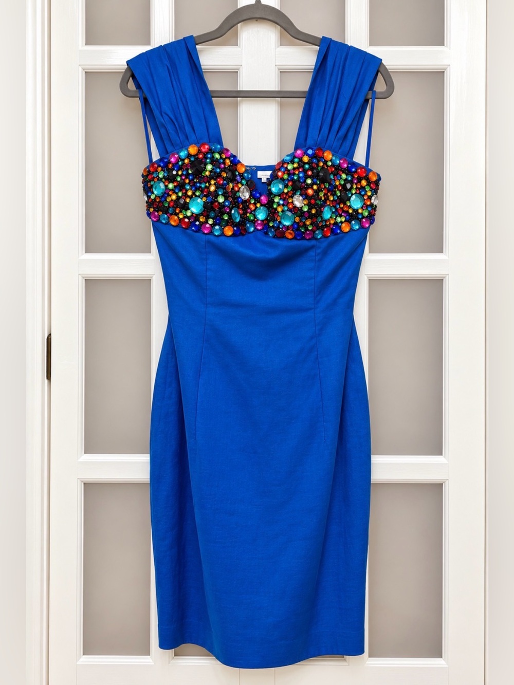 Rare Vintage Pia Rucci Size 10 Royal Blue Linen Heavily Jeweled Cocktail Dress